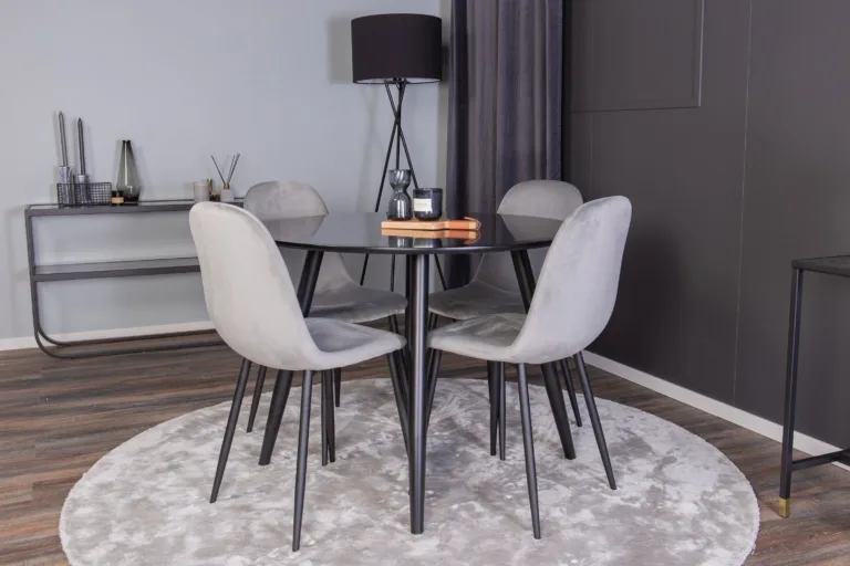 Ümar söögilaud Plaza (must, ø100cm) ja Polar samettoolid (helehall, mustad jalad) - GR24137