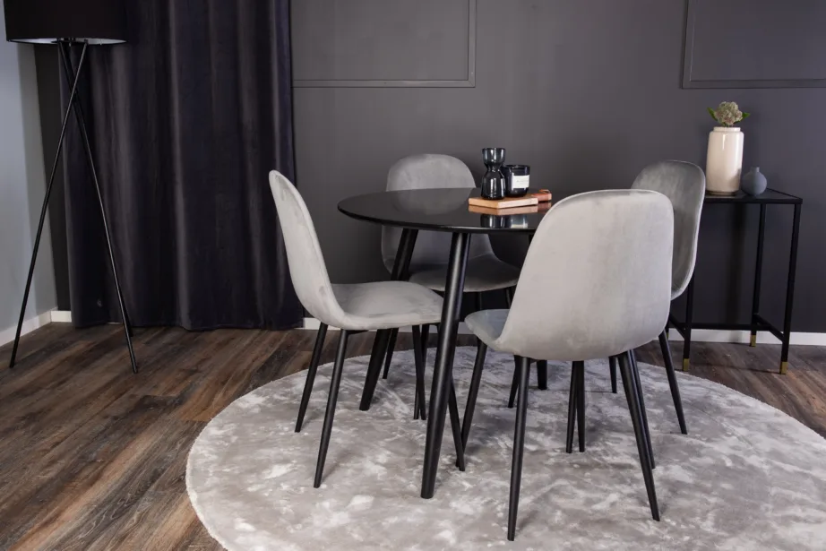 Ümar söögilaud Plaza (must, ø100cm) ja Polar samettoolid (helehall, mustad jalad), GR24137 – 4