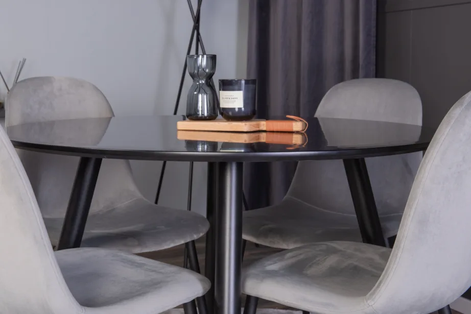 Ümar söögilaud Plaza (must, ø100cm) ja Polar samettoolid (helehall, mustad jalad), GR24137 – 6