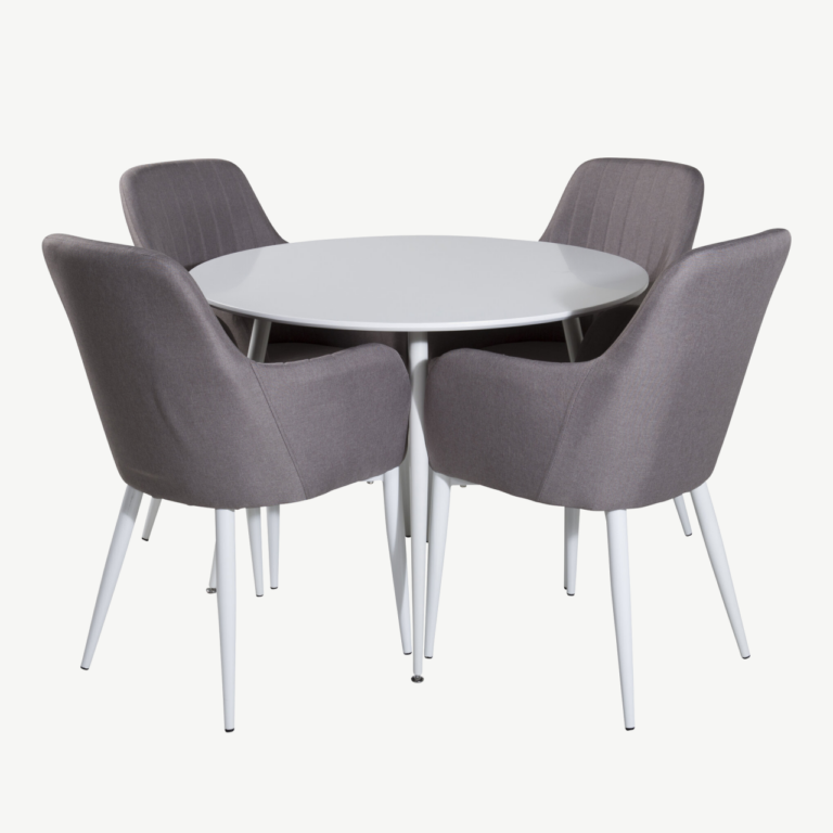 Ümar söögilaud Plaza valge MDF, 4 halli polsterdatud tooli Comfort - GR23989