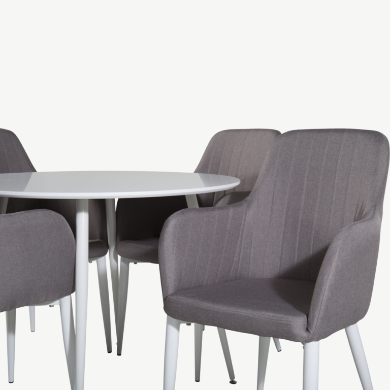 Ümar söögilaud Plaza valge MDF, 4 halli polsterdatud tooli Comfort - GR23989