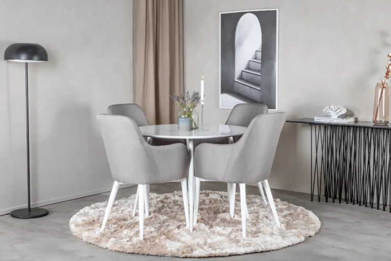 Ümar söögilaud Plaza valge MDF, 4 halli polsterdatud tooli Comfort - GR23989