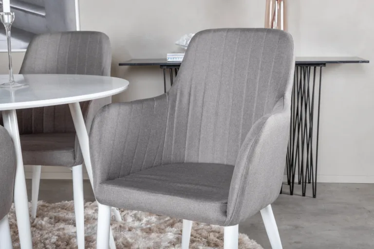 Ümar söögilaud Plaza valge MDF, 4 halli polsterdatud tooli Comfort - GR23989