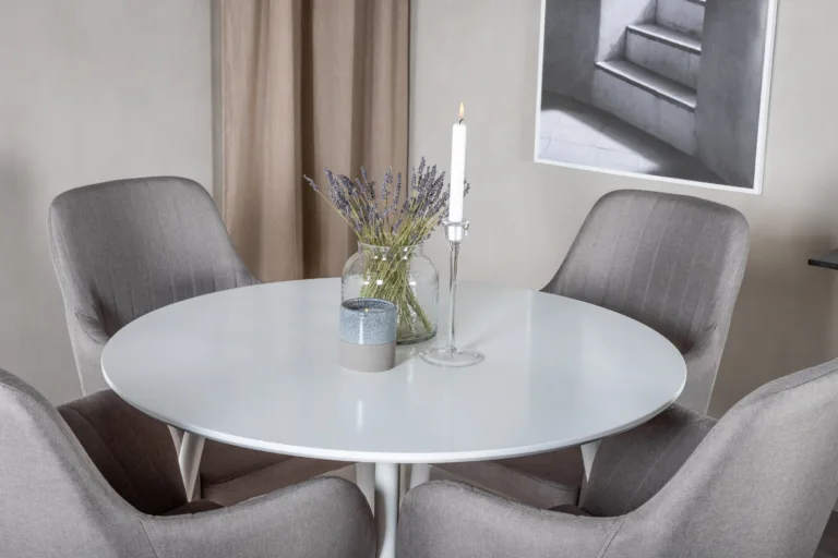Ümar söögilaud Plaza valge MDF, 4 halli polsterdatud tooli Comfort - GR23989