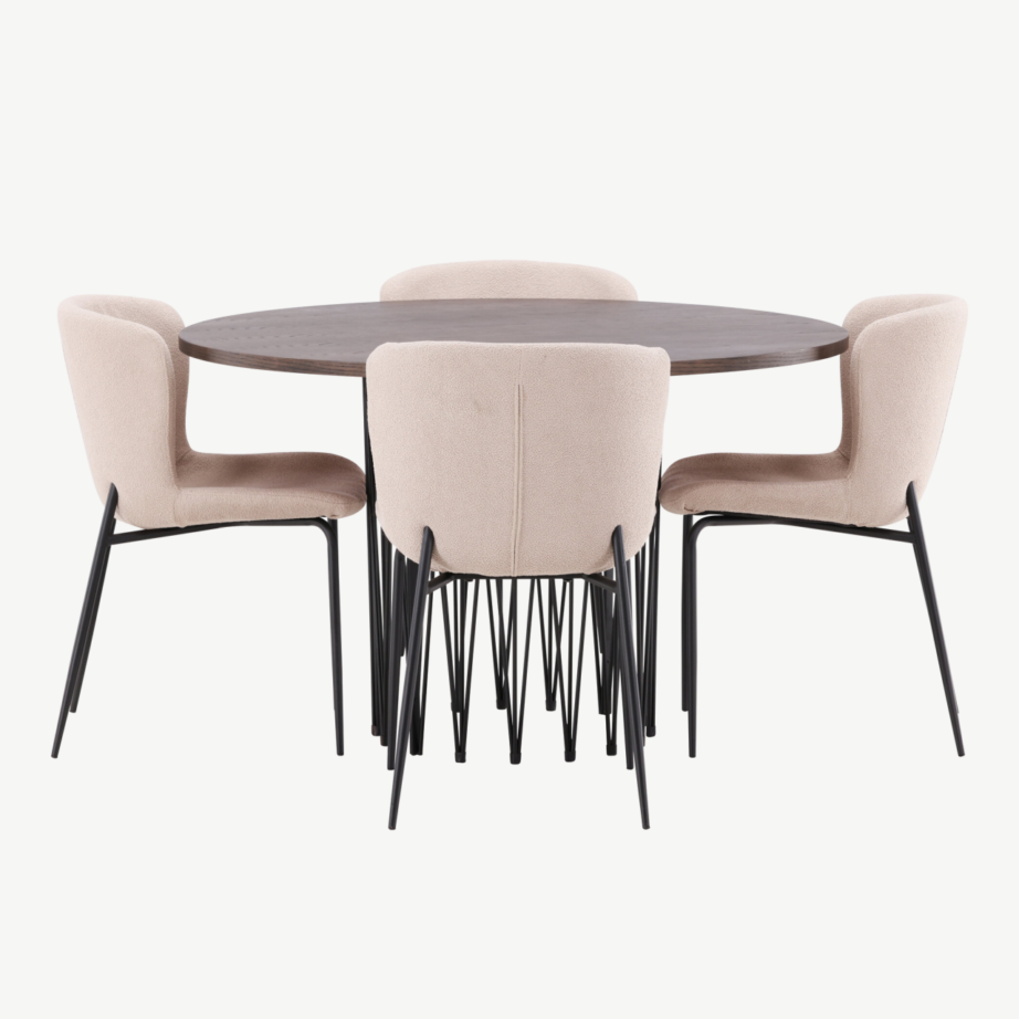 Ümar söögilaud Stone mokkatooniga vineer, 4 beeži buklee kangaga tooli Modesto, GR23027 – 2