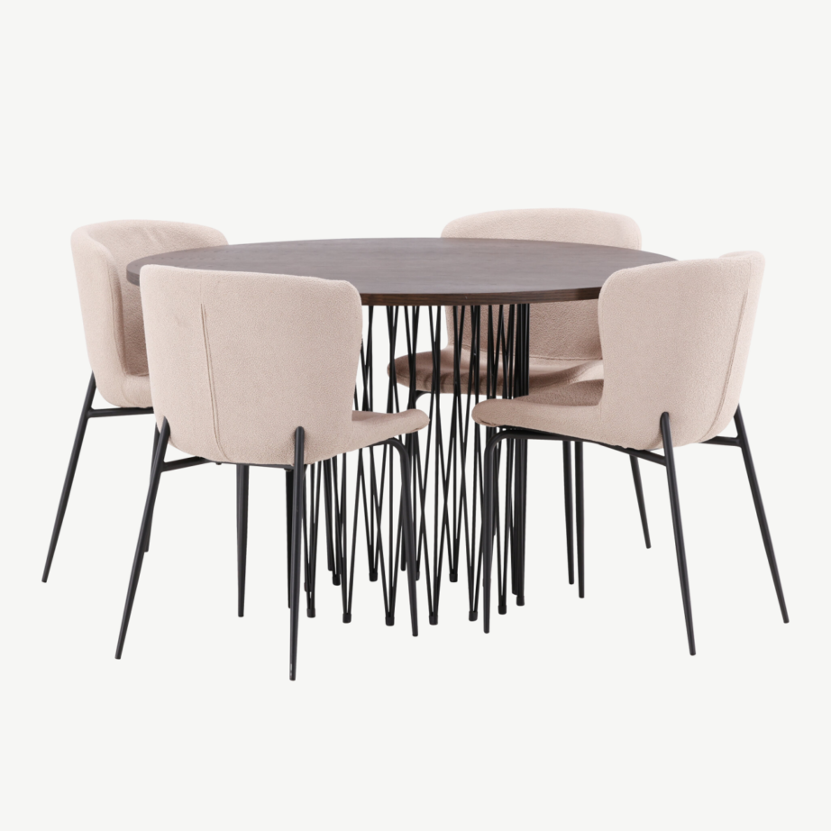 Ümar söögilaud Stone mokkatooniga vineer, 4 beeži buklee kangaga tooli Modesto, GR23027 – 3