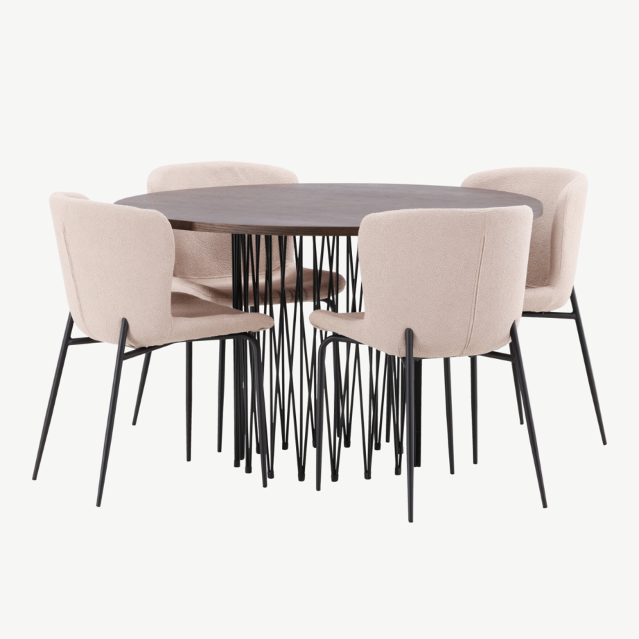 Ümar söögilaud Stone mokkatooniga vineer, 4 beeži buklee kangaga tooli Modesto, GR23027 – 4