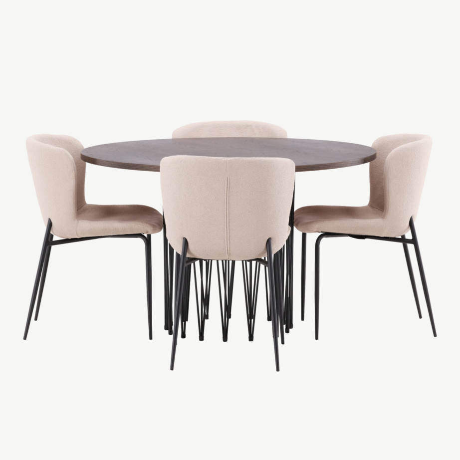 Ümar söögilaud Stone mokkatooniga vineer, 4 beeži buklee kangaga tooli Modesto, GR23027 – 5