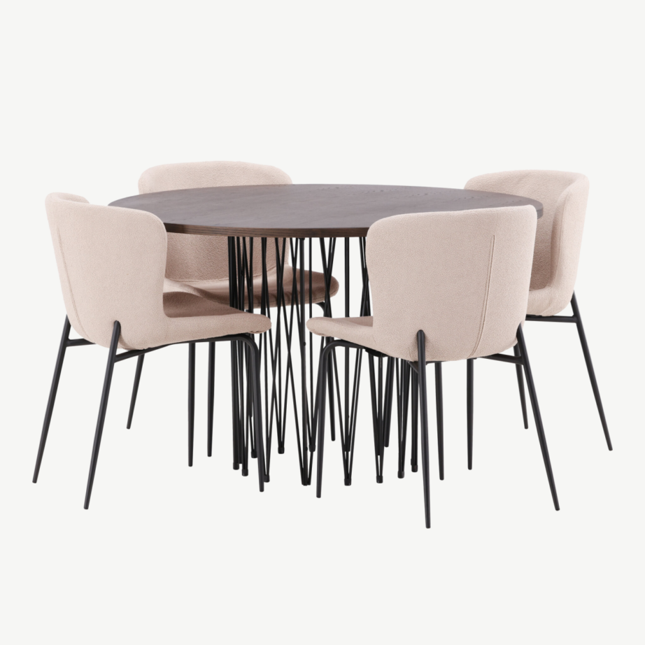 Ümar söögilaud Stone mokkatooniga vineer, 4 beeži buklee kangaga tooli Modesto, GR23027 – 6