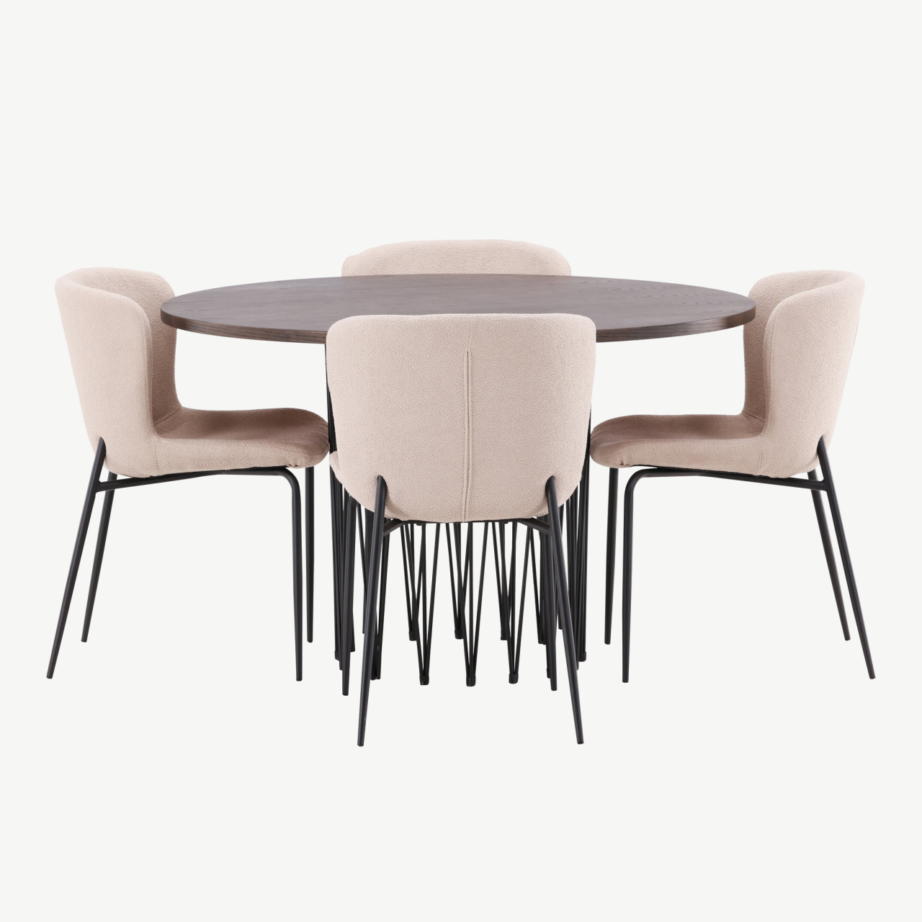 Ümar söögilaud Stone mokkatooniga vineer, 4 beeži buklee kangaga tooli Modesto, GR23027 – 7