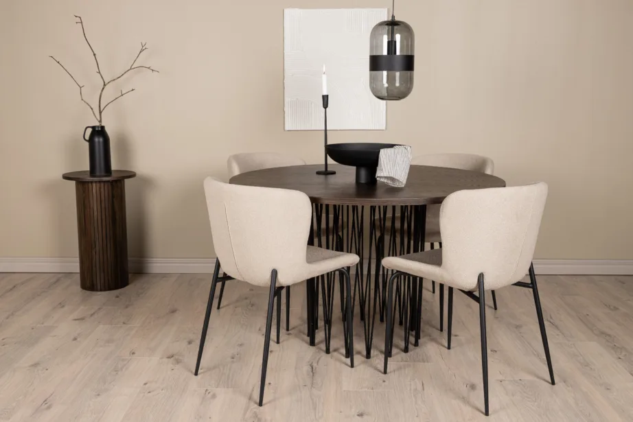 Ümar söögilaud Stone mokkatooniga vineer, 4 beeži buklee kangaga tooli Modesto, GR23027 – 8