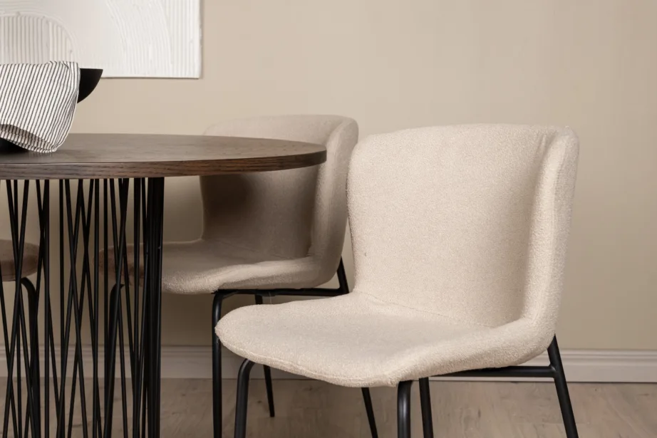 Ümar söögilaud Stone mokkatooniga vineer, 4 beeži buklee kangaga tooli Modesto, GR23027 – 9