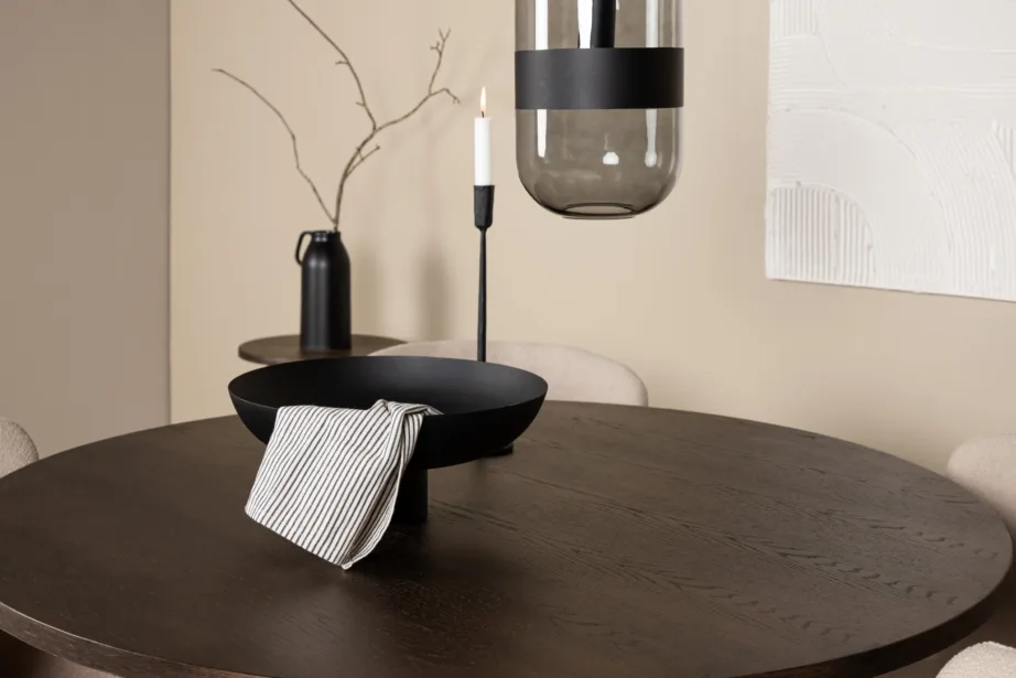 Ümar söögilaud Stone mokkatooniga vineer, 4 beeži buklee kangaga tooli Modesto, GR23027 – 10