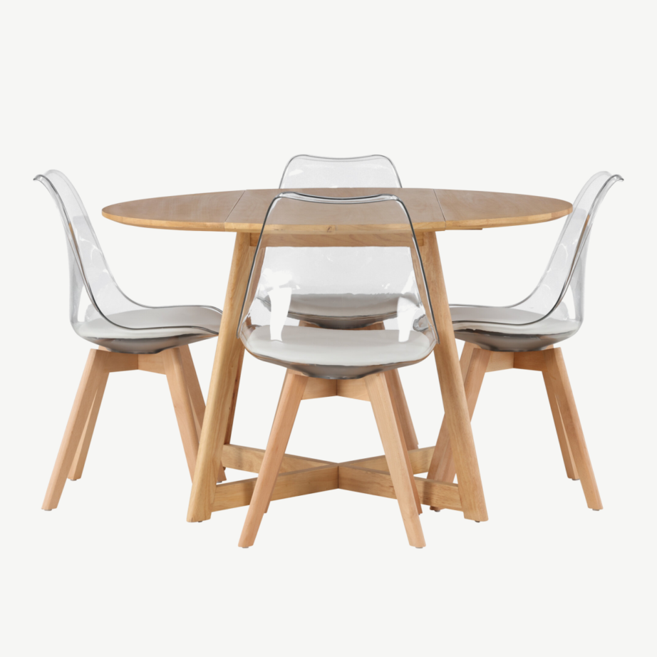 Ümar söögilaud Yakidon ja läbipaistvad Edvin toolid (reguleeritav, kummipuit, PET, ø120 cm), GR23874 – 2
