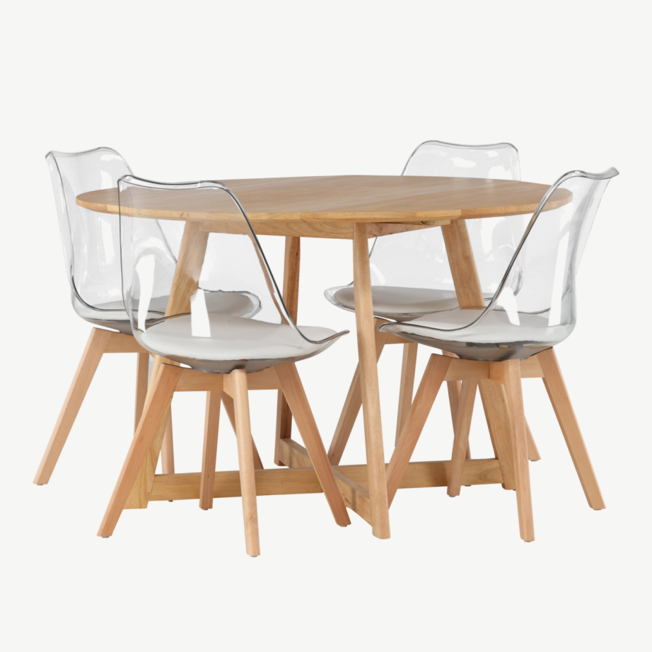 Ümar söögilaud Yakidon ja läbipaistvad Edvin toolid (reguleeritav, kummipuit, PET, ø120 cm), GR23874 – 3