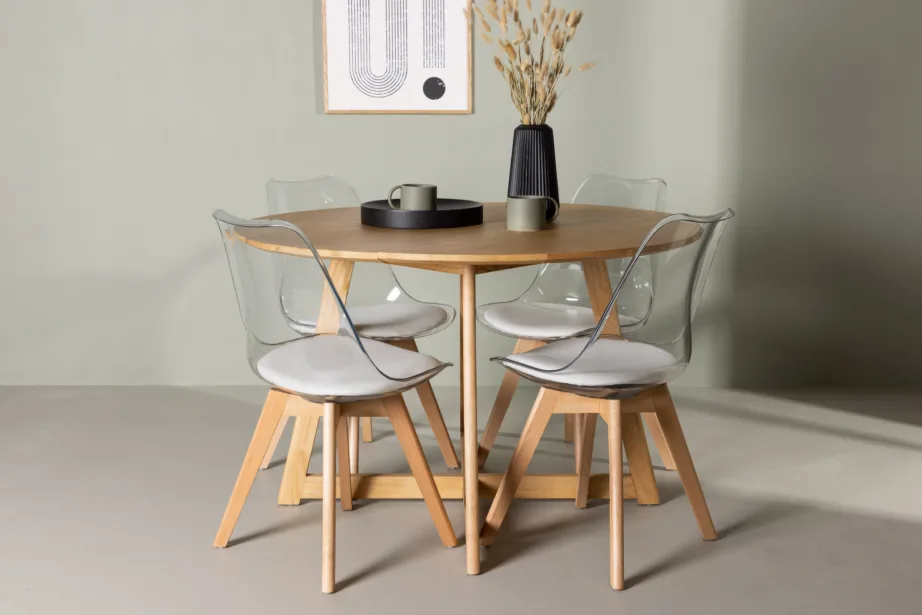 Ümar söögilaud Yakidon ja läbipaistvad Edvin toolid (reguleeritav, kummipuit, PET, ø120 cm), GR23874 – 4