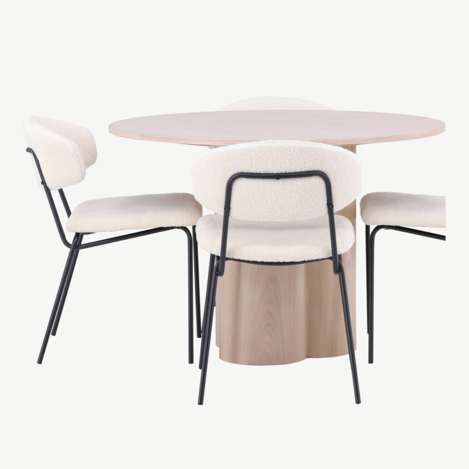 Ümar valge peitsiga söögilaud Olivia ja buklee kangaga söögitool Chico, GR23065 – 2