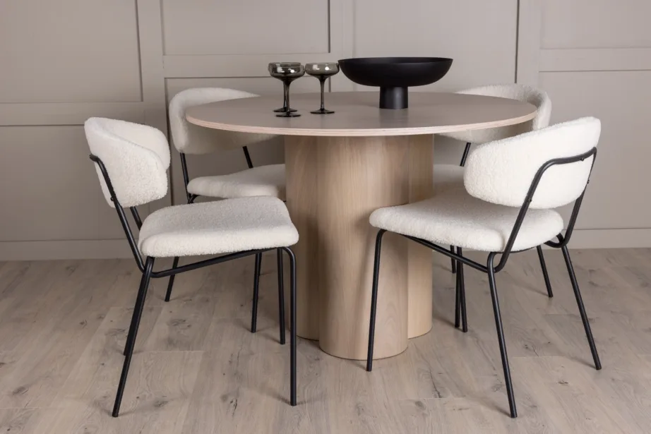 Ümar valge peitsiga söögilaud Olivia ja buklee kangaga söögitool Chico, GR23065 – 8