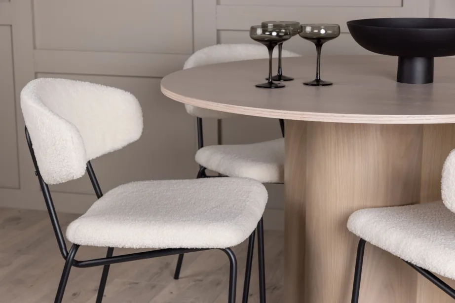 Ümar valge peitsiga söögilaud Olivia ja buklee kangaga söögitool Chico, GR23065 – 9