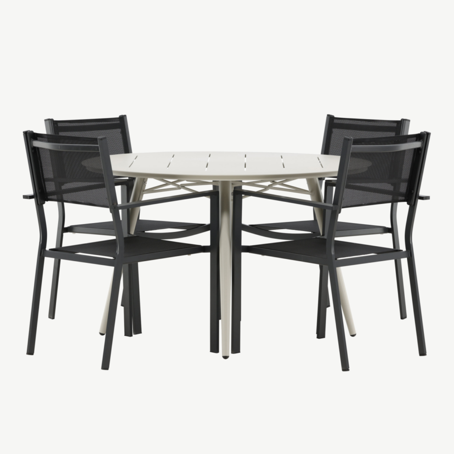 Ümmargune aiakomplekt Lina – beež alumiiniumlaud ja mustad virnastatavad Copacabana toolid, GR22742 – 2