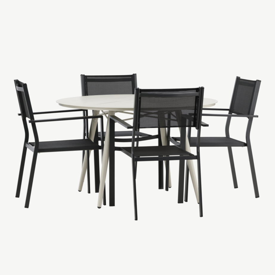 Ümmargune aiakomplekt Lina – beež alumiiniumlaud ja mustad virnastatavad Copacabana toolid, GR22742 – 3