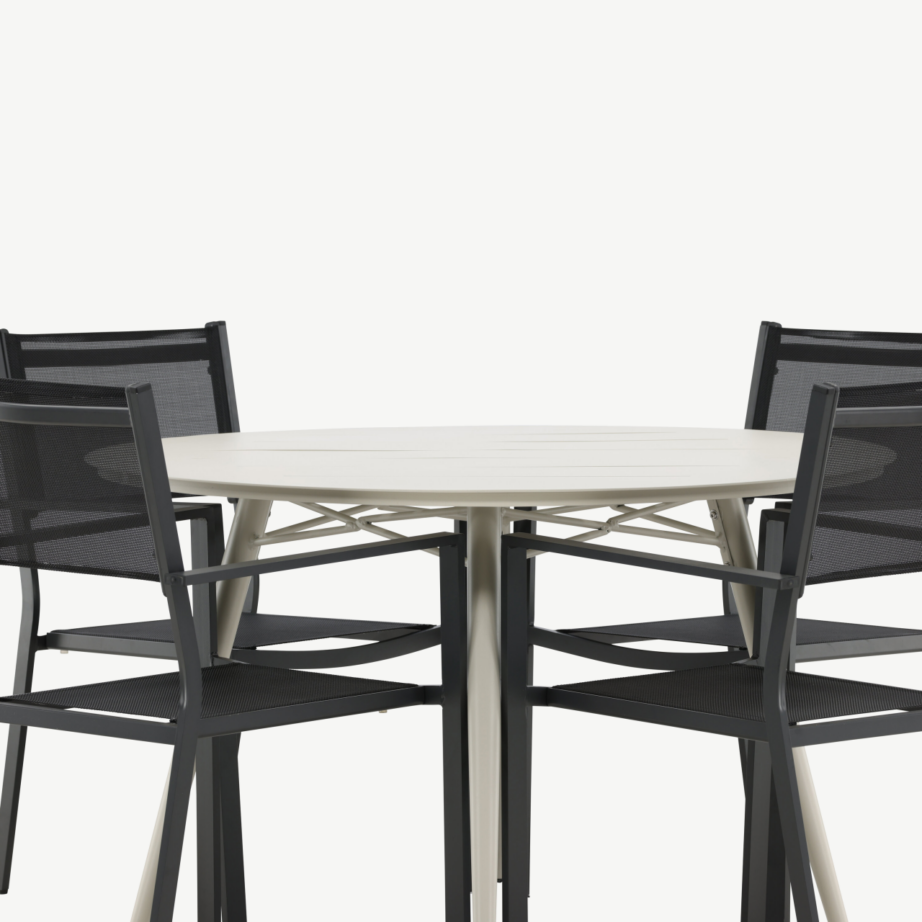 Ümmargune aiakomplekt Lina – beež alumiiniumlaud ja mustad virnastatavad Copacabana toolid, GR22742 – 5
