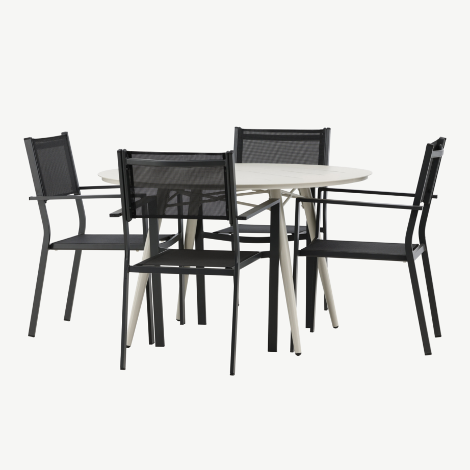Ümmargune aiakomplekt Lina – beež alumiiniumlaud ja mustad virnastatavad Copacabana toolid, GR22742 – 7