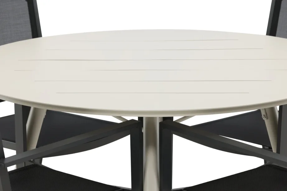 Ümmargune aiakomplekt Lina – beež alumiiniumlaud ja mustad virnastatavad Copacabana toolid, GR22742 – 9