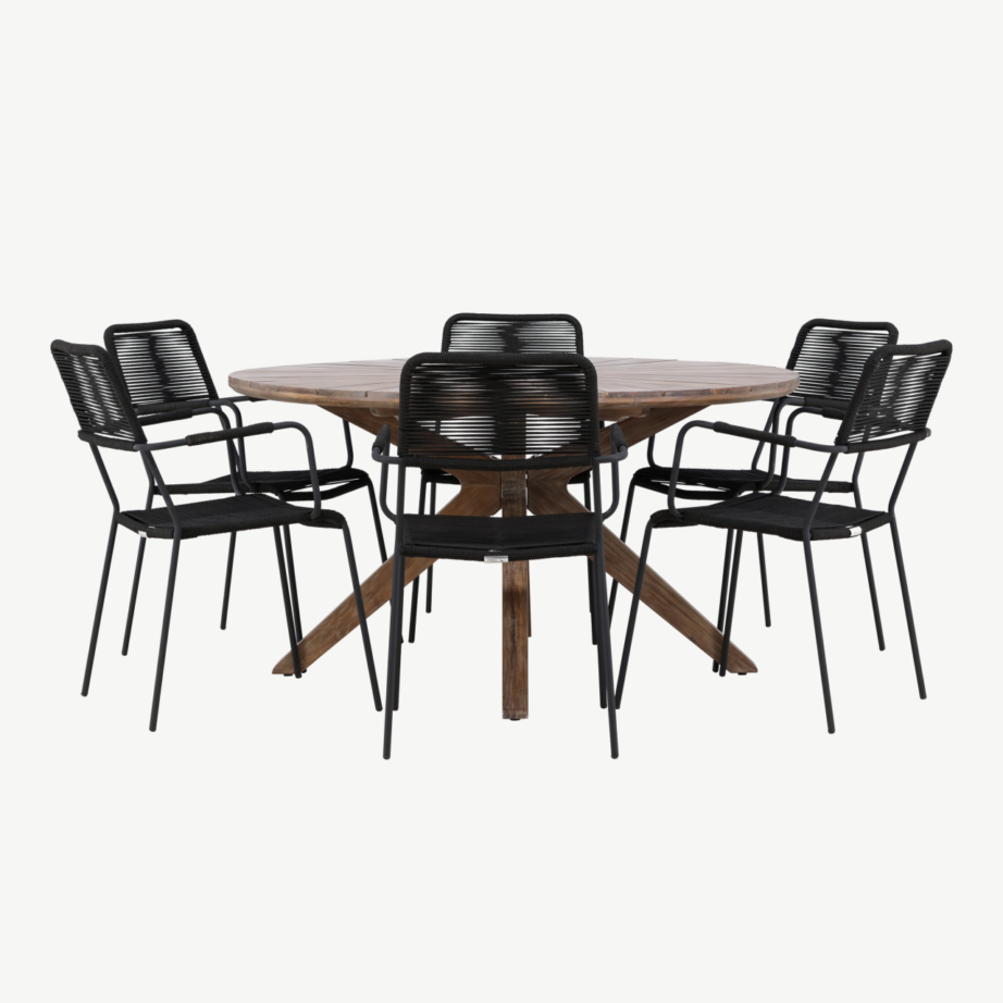 Ümmargune aiakomplekt Rosario – akaatsiapuit laud Ø140 cm ja 6 musta Lindos punutud tooli, GR24331 – 2