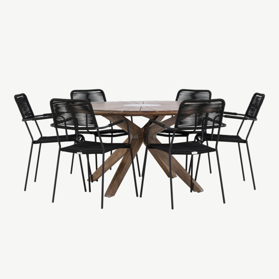 Ümmargune aiakomplekt Rosario – akaatsiapuit laud Ø140 cm ja 6 musta Lindos punutud tooli, GR24331 – 3