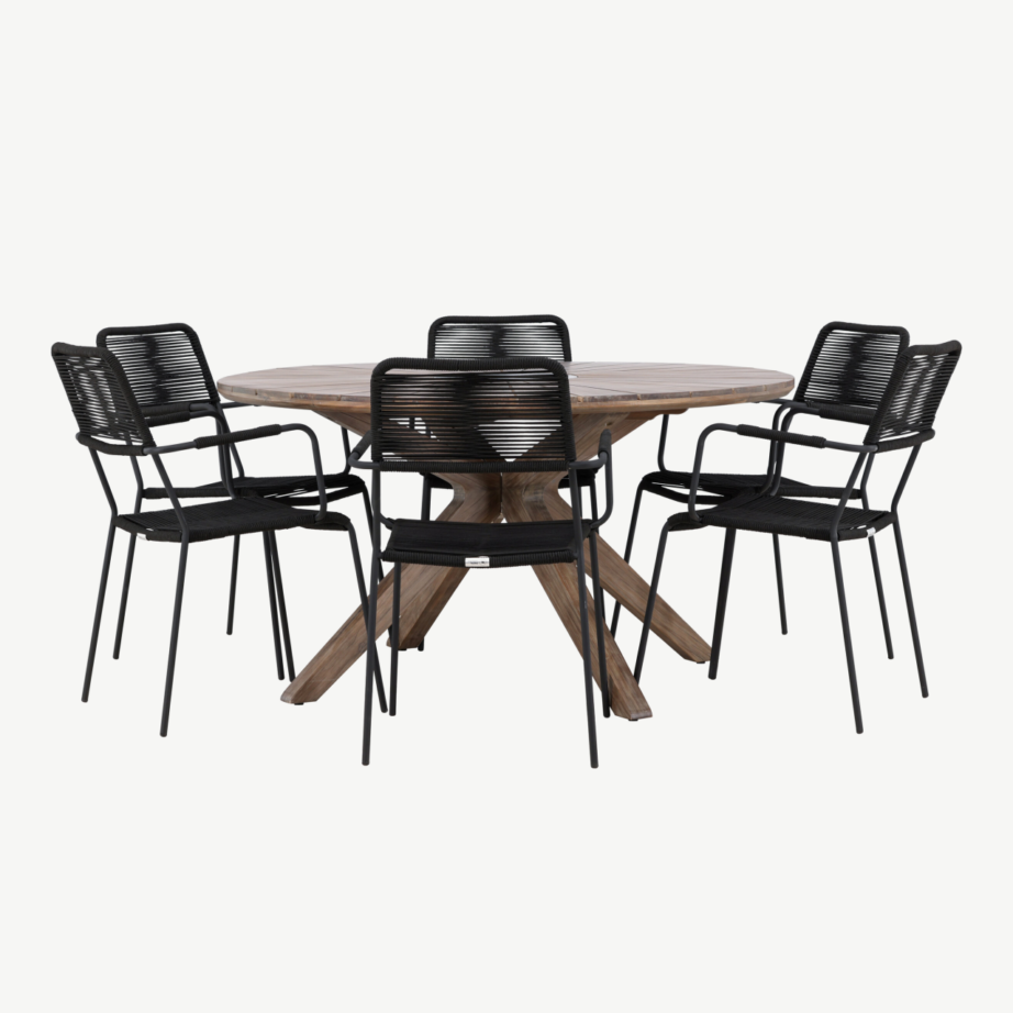 Ümmargune aiakomplekt Rosario – akaatsiapuit laud Ø140 cm ja 6 musta Lindos punutud tooli, GR24331 – 4