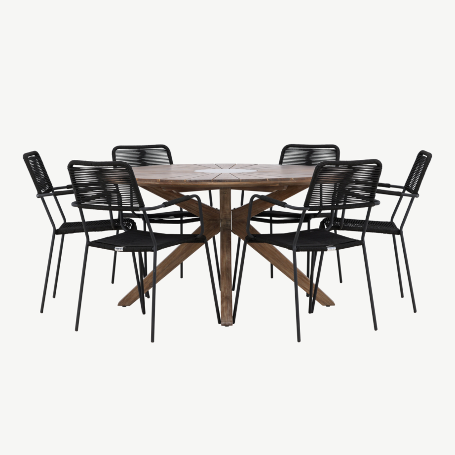 Ümmargune aiakomplekt Rosario – akaatsiapuit laud Ø140 cm ja 6 musta Lindos punutud tooli, GR24331 – 5