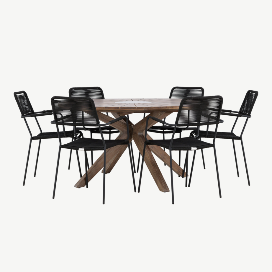 Ümmargune aiakomplekt Rosario – akaatsiapuit laud Ø140 cm ja 6 musta Lindos punutud tooli, GR24331 – 6