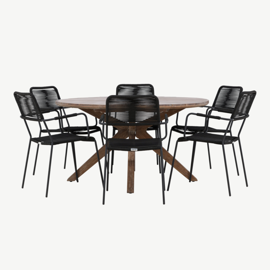 Ümmargune aiakomplekt Rosario – akaatsiapuit laud Ø140 cm ja 6 musta Lindos punutud tooli, GR24331 – 7