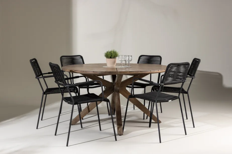 Ümmargune aiakomplekt Rosario – akaatsiapuit laud Ø140 cm ja 6 musta Lindos punutud tooli, GR24331 – 8