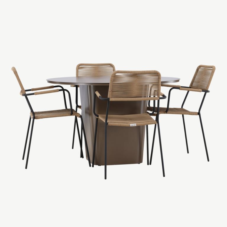 Ümmargune aiakomplekt Santa Fe (alumiiniumlaud ø120 cm, pruunid punutud Lindos toolid, 4 tk) - GR24339