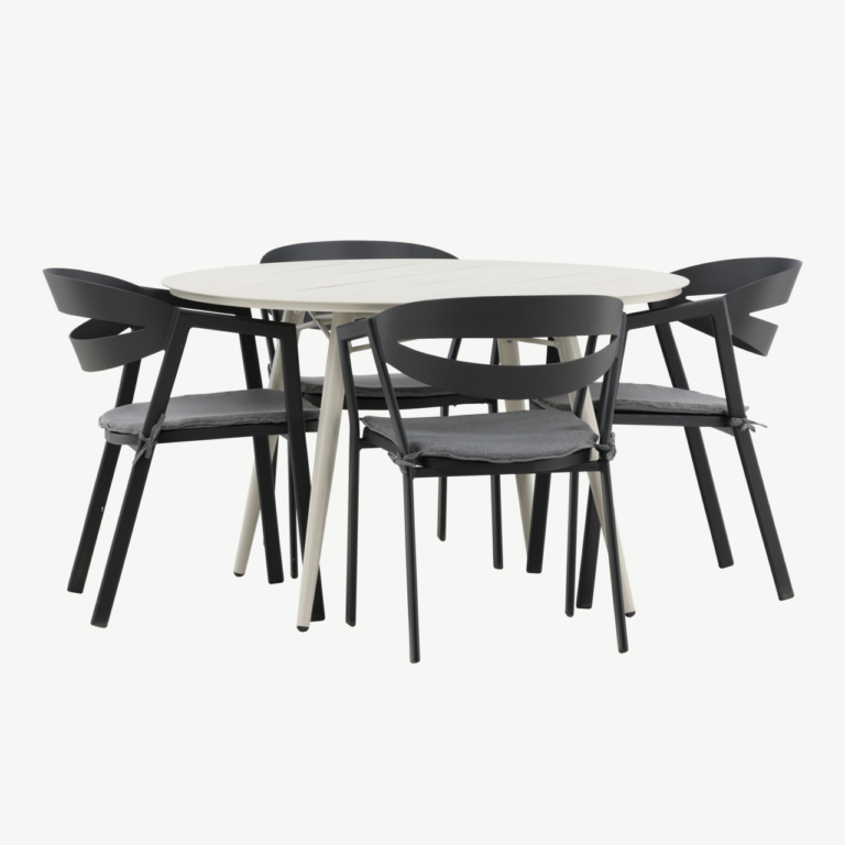 Ümmargune aiamööbli komplekt Lina (alumiinium, beež laud, mustad toolid, istmepatjadega, ø120 cm) - GR22739