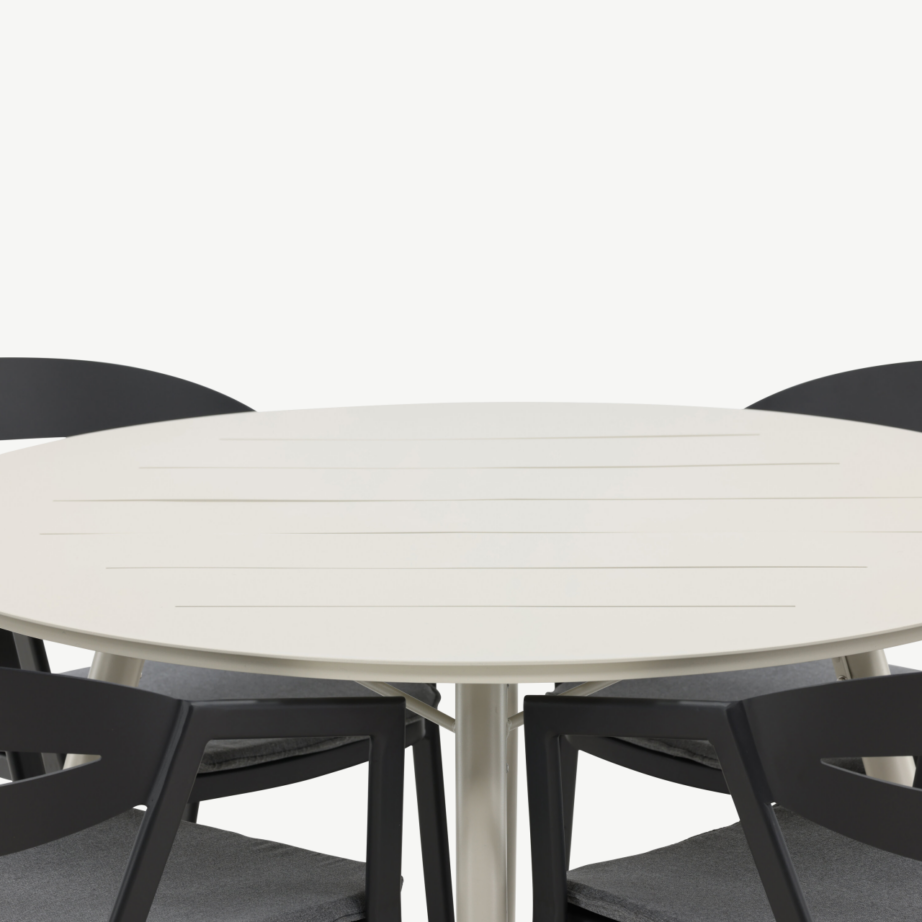 Ümmargune aiamööbli komplekt Lina (alumiinium, beež laud, mustad toolid, istmepatjadega, ø120 cm), GR22739 – 9