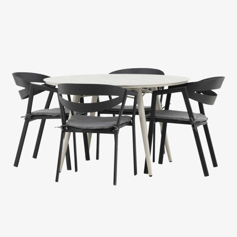 Ümmargune aiamööbli komplekt Lina (alumiinium, beež laud, mustad toolid, istmepatjadega, ø120 cm) - GR22739