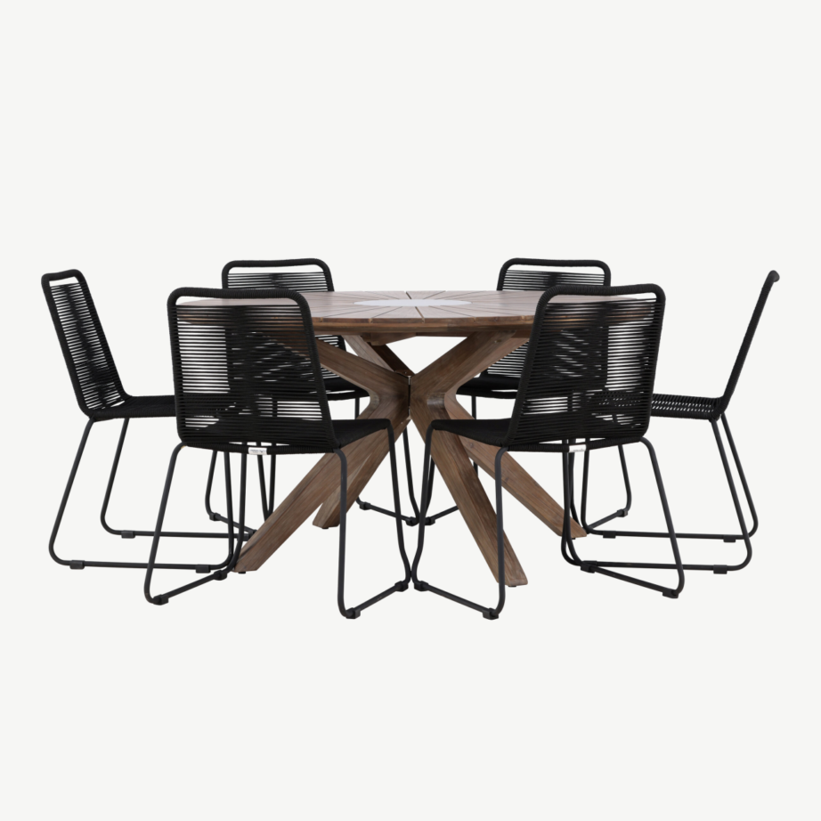 Ümmargune aiamööbli komplekt Rosario (akaatsiapuit, 6 musta köistoooli, Ø140 cm), GR24332 – 6