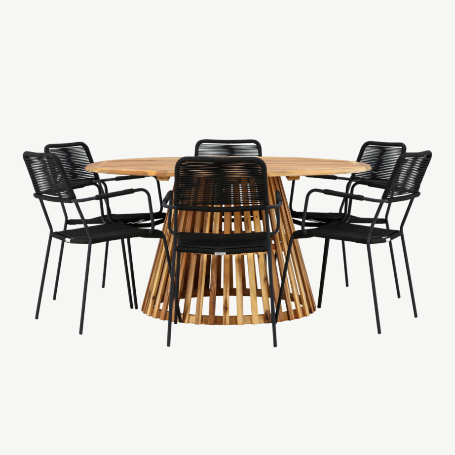 Ümmargune aiamööbli komplekt Tucumán (akaatsiapuit, ø150 cm) kuue musta alumiiniumtooli ja köispunutisega, GR24317 – 2