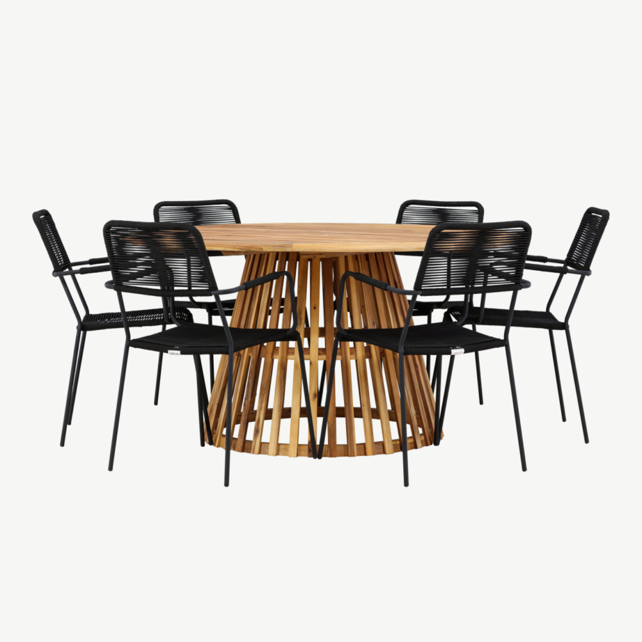 Ümmargune aiamööbli komplekt Tucumán (akaatsiapuit, ø150 cm) kuue musta alumiiniumtooli ja köispunutisega, GR24317 – 3