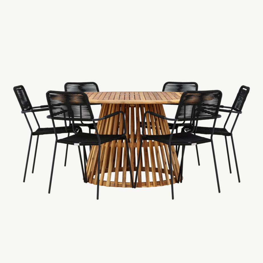 Ümmargune aiamööbli komplekt Tucumán (akaatsiapuit, ø150 cm) kuue musta alumiiniumtooli ja köispunutisega, GR24317 – 5