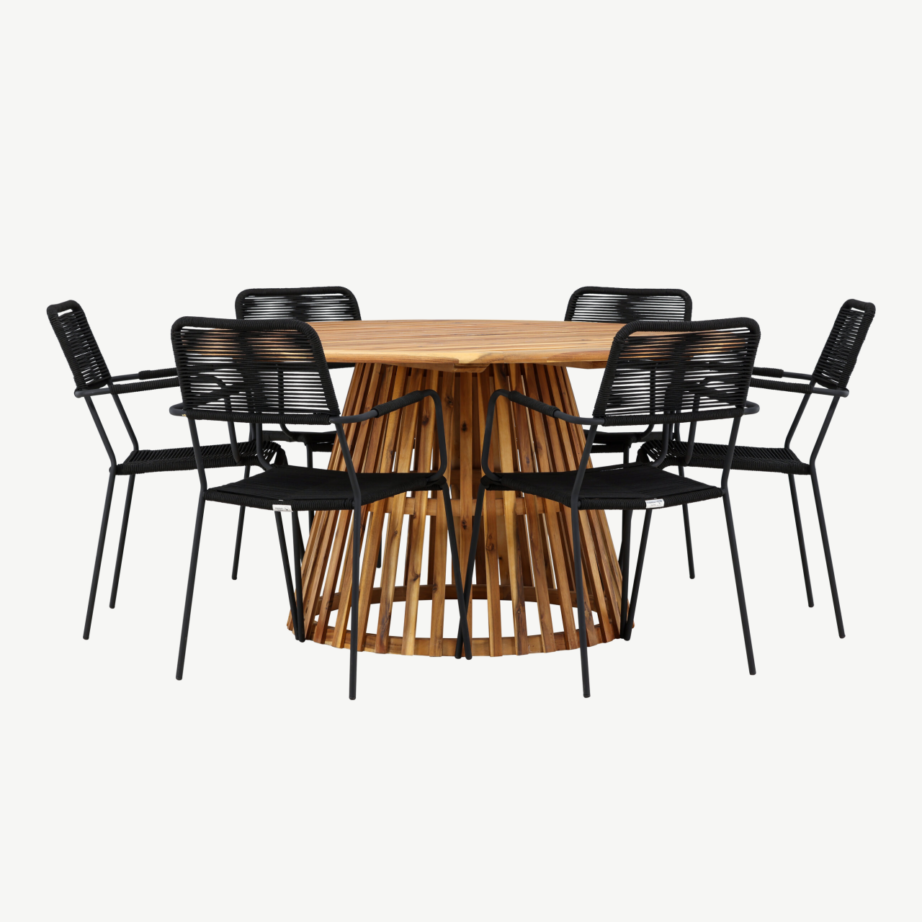 Ümmargune aiamööbli komplekt Tucumán (akaatsiapuit, ø150 cm) kuue musta alumiiniumtooli ja köispunutisega, GR24317 – 6