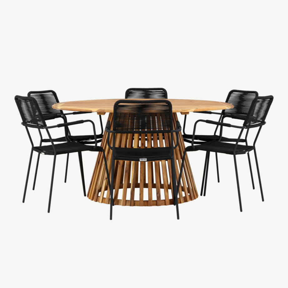 Ümmargune aiamööbli komplekt Tucumán (akaatsiapuit, ø150 cm) kuue musta alumiiniumtooli ja köispunutisega, GR24317 – 7