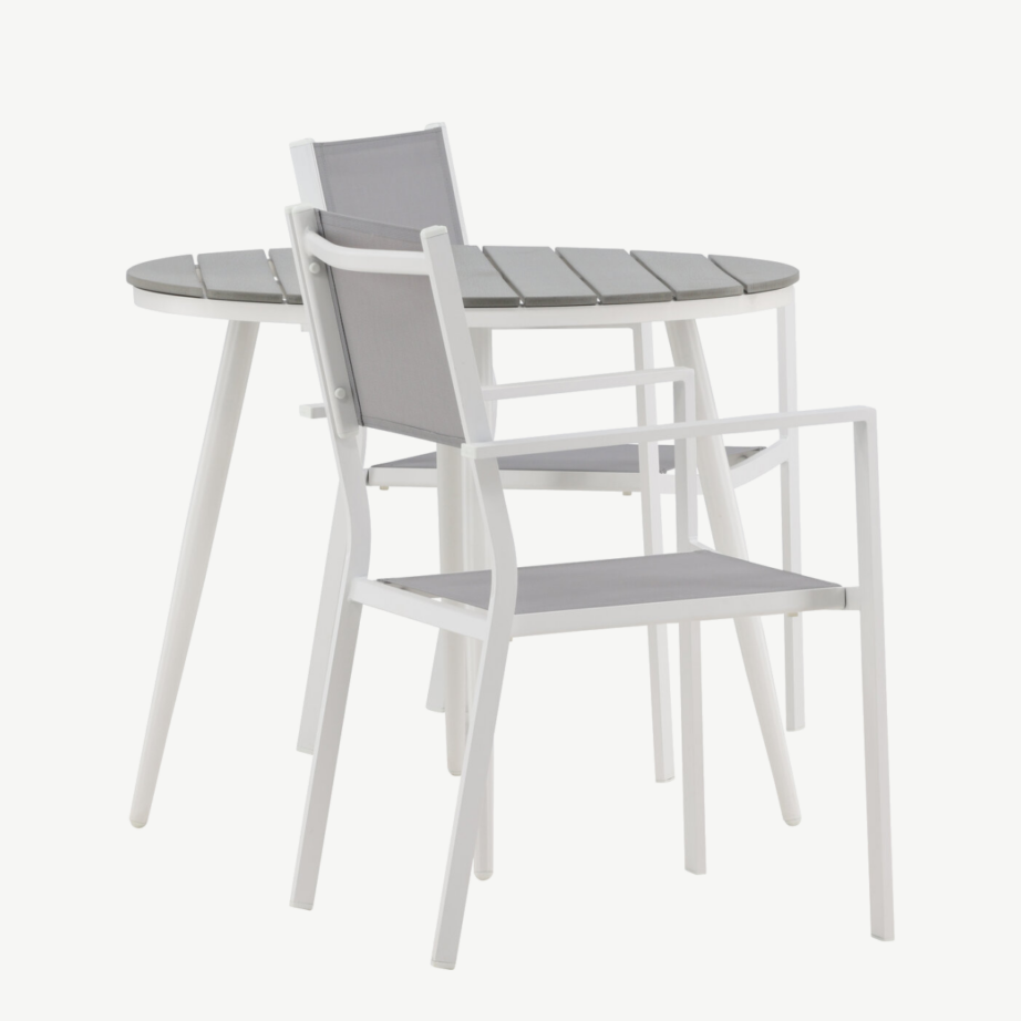 Ümmargune aiamööblikomplekt Break – hall Aintwood laud ja kaks valge raamiga Copacabana tooli, GR22683 – 2
