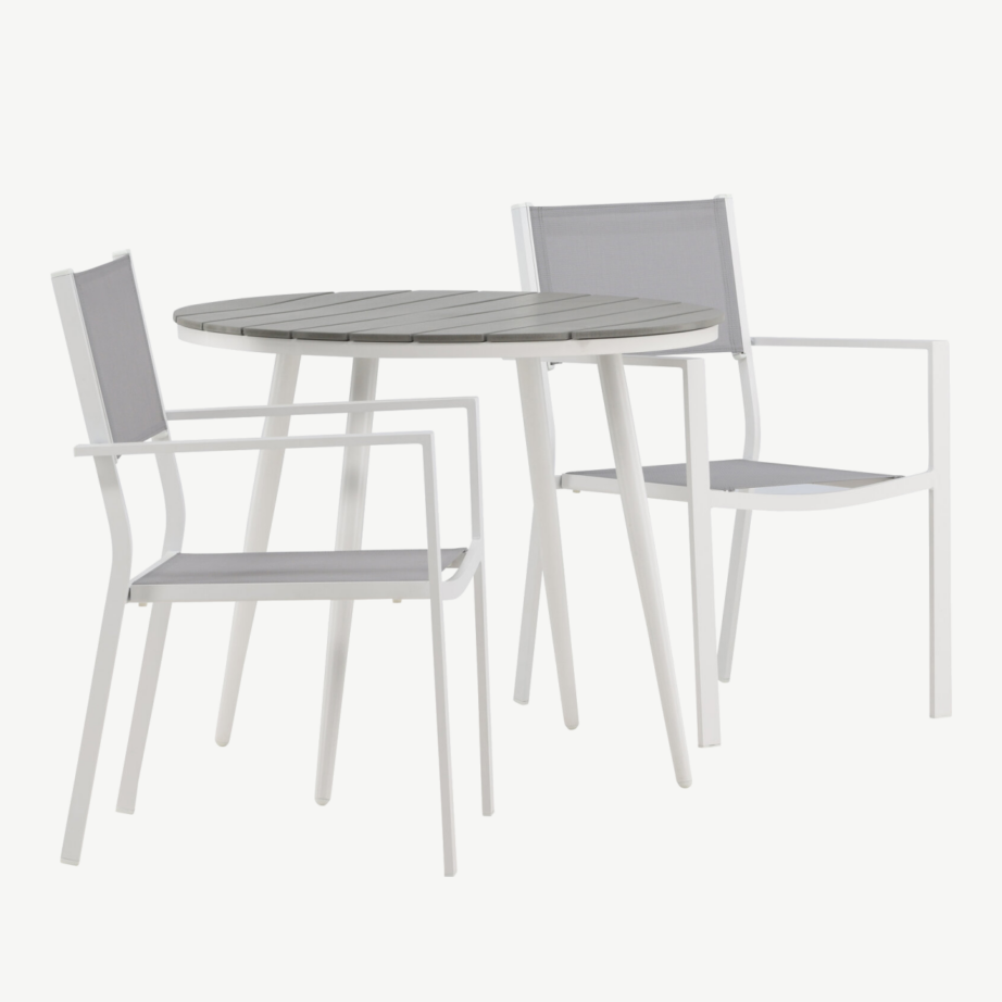 Ümmargune aiamööblikomplekt Break – hall Aintwood laud ja kaks valge raamiga Copacabana tooli, GR22683 – 3