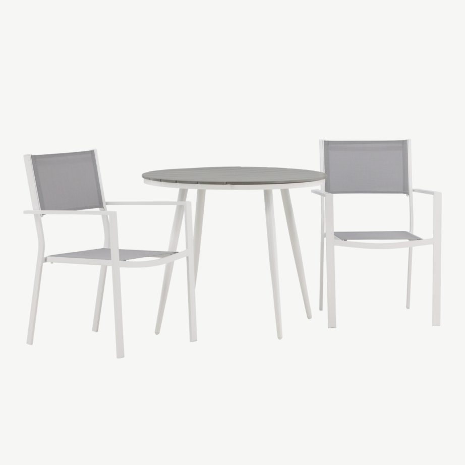 Ümmargune aiamööblikomplekt Break – hall Aintwood laud ja kaks valge raamiga Copacabana tooli, GR22683 – 4