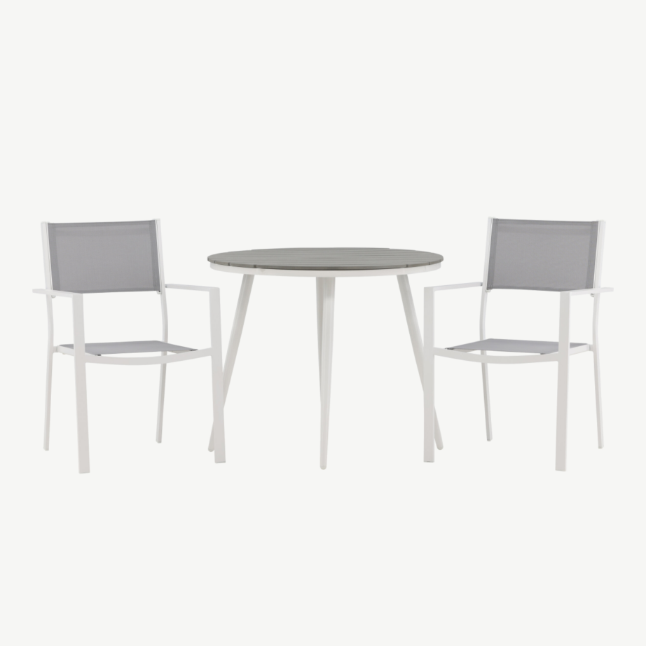 Ümmargune aiamööblikomplekt Break – hall Aintwood laud ja kaks valge raamiga Copacabana tooli, GR22683 – 5
