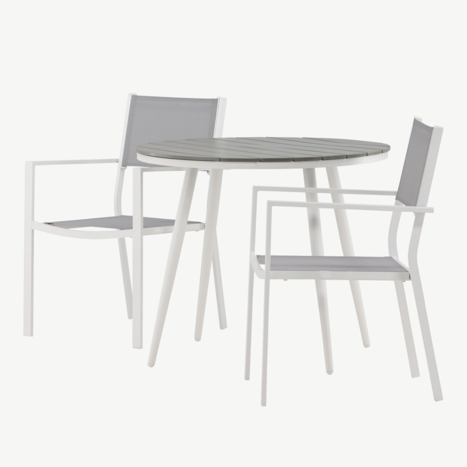 Ümmargune aiamööblikomplekt Break – hall Aintwood laud ja kaks valge raamiga Copacabana tooli, GR22683 – 6